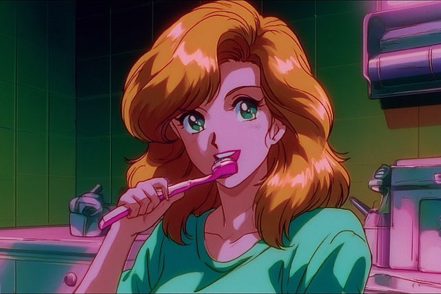 Klyyr oral care journal — Retro anime illustration of a woman brushing her teeth in neon pink bathroom light