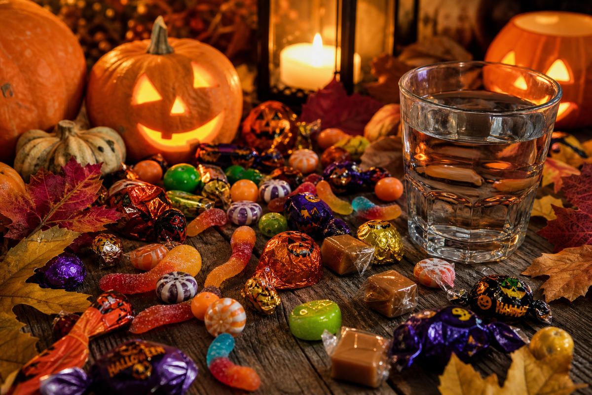 Klyyr oral care journal — Editorial illustration for a science-backed Halloween candy guide for teeth
