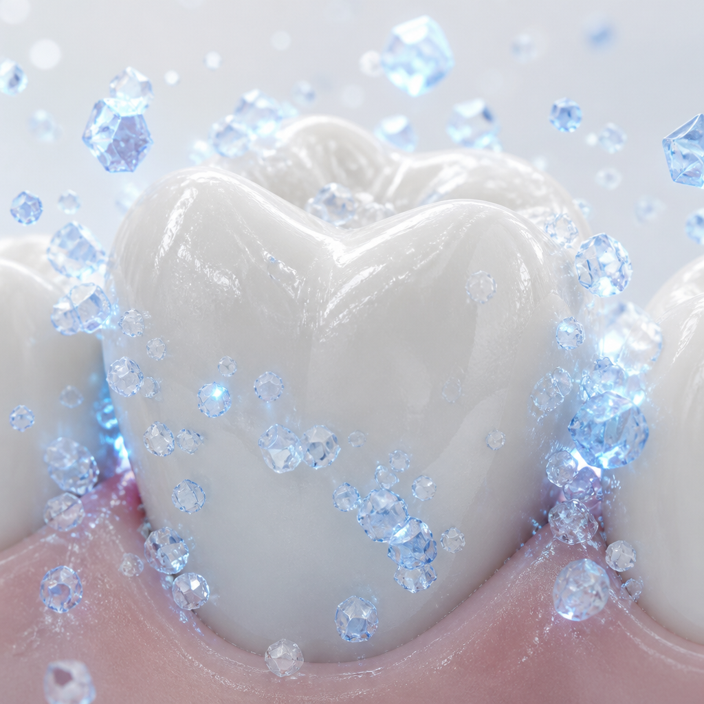 Klyyr oral care journal — 3D rendering of a white molar in healthy gums surrounded by blue mineral crystals