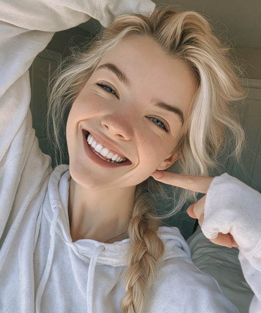 Smiling woman with a blonde braid pointing toward her cheek