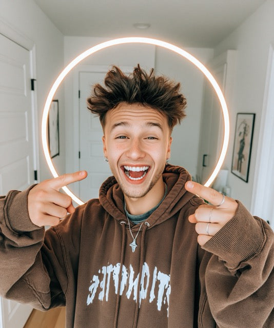 Young man in a brown hoodie smiling and pointing toward himself