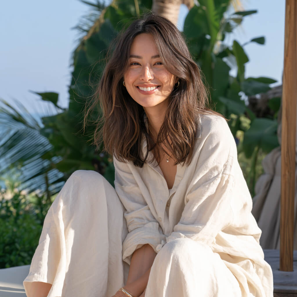 Woman in cream linen smiling outdoors among tropical leaves, showing a healthy white smile